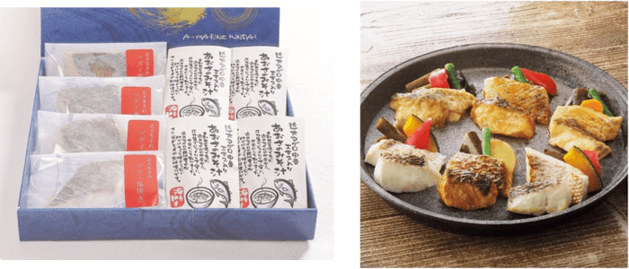 近大生まれマダイ焼味と近大マグロ中骨エキス入りあおさのみそ汁詰合せ(左)、近大生まれマダイ惣菜詰合せ6食(右)