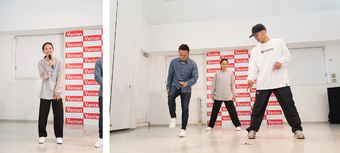-左: ブレイキン初体験にのぞむ岡田結実さん 右: 講師(TAISUKE氏、STEEZ氏)のレクチャーを受ける岡田さん-