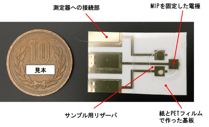 図. 使い捨てセンサチップの外観と材料(芝浦工業大学 吉見教授提供)
