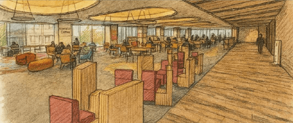 研究実験棟Ⅳ 1階の学生ホールに、コメダ珈琲店で使用されるソファと谷田研究室が考案したスリット家具を組み合わせた「次世代のくつろぎ空間」のイメージ