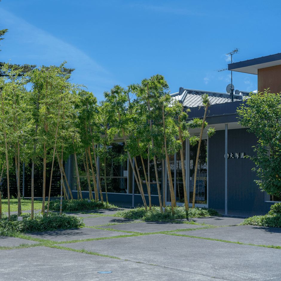 緑と調和する直営店の外観