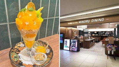 (左)味一号「みえの一番星」 パフェ (季節の柑橘パフェ) 1,969円(右)みのるダイニング名古屋店