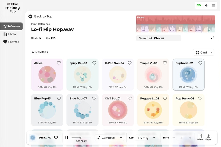 『Melody Flip』「Reference」画面イメージ。読み込まれたオーディオ・ファイルからおすすめの「Palette」を提案