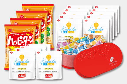リターンC 応援金額8,000円(税込) 『40g “砂糖ゼロ” ハッピーターン』 15袋 『108g ハッピーターン』 4袋 『30個 ハッピーターンズ ハッピーポップ』 1個