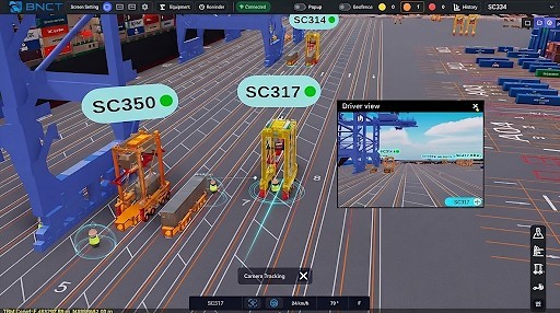 STS作業レーンと周辺のストラドルキャリアの詳細なバーチャルターミナルビュー（運転手視点の挿入図付き）