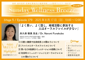《医師・歯科医師・薬剤師向け》 無料オンラインセミナー8/17(日)朝10時開催 『よく笑い、よく話し、地域活動に参加する人は オーラルフレイルが少ない』 舟久保 徳美 先生(福島県立医科大学医学部疫学講座／講師)