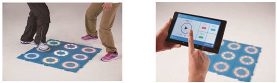 (左)「考える+運動する」をゲーム感覚で実施 (右)タブレットで効果測定を実施