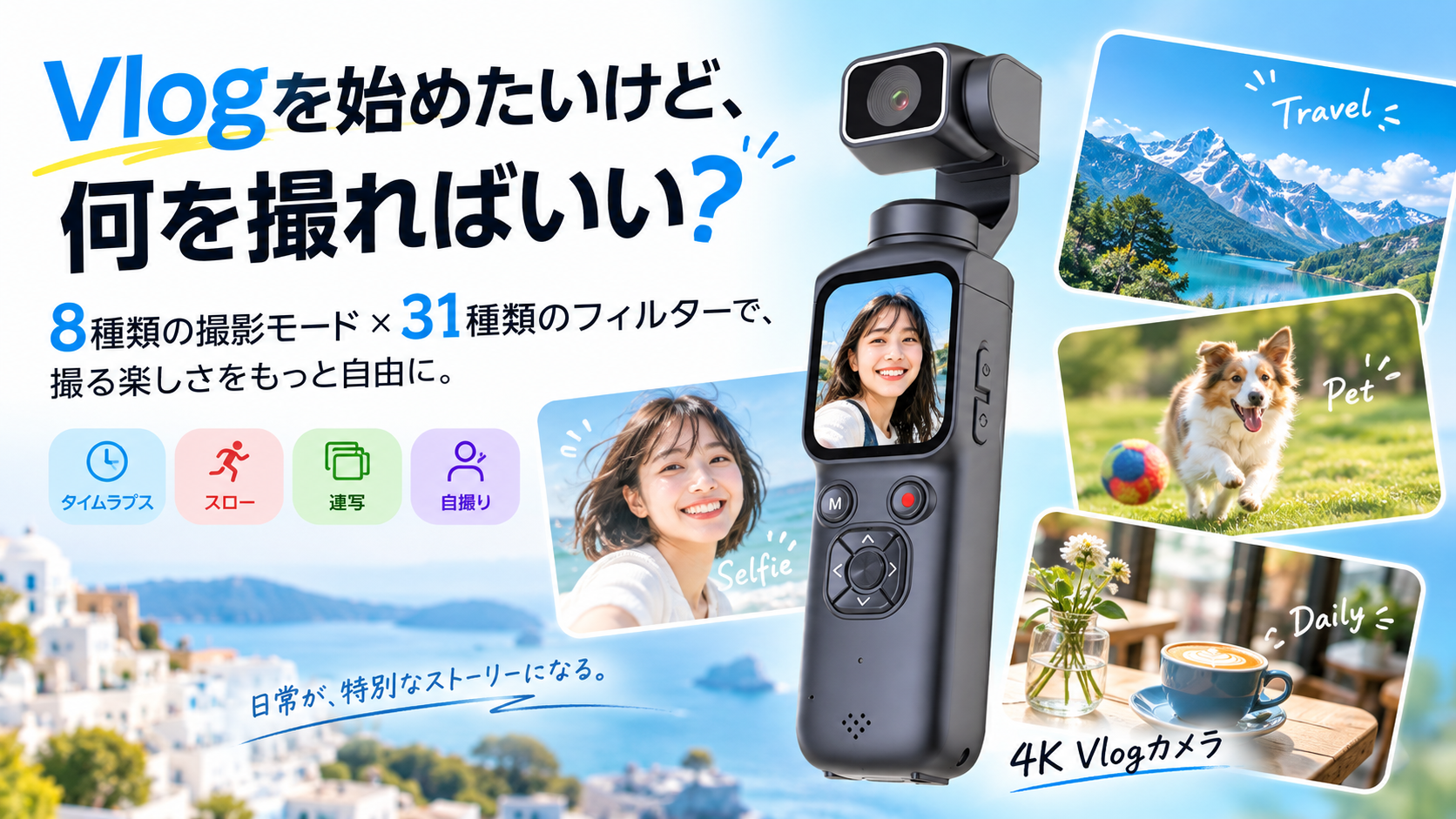 「Vlogを始めたいけど、何を撮ればいい？」を解決。8種類の撮影モード×31種類のフィルターで“撮る楽しさ”を広げる4K Vlogカメラ参上