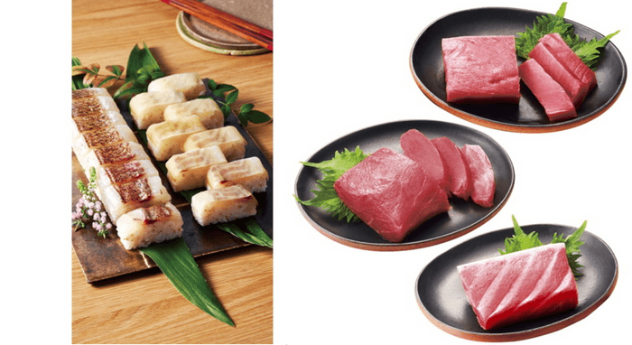 近大真鯛棒寿司（左）、近大マグロ短冊セット（右）