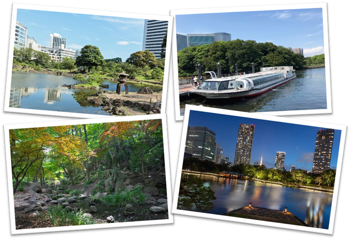 （左上から反時計回り）旧芝離宮恩賜庭園、芝公園、浜離宮恩賜庭園、ウォーターズ竹芝