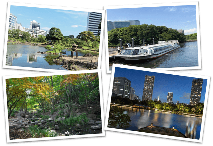 （左上から反時計回り）旧芝離宮恩賜庭園、芝公園、浜離宮恩賜庭園、ウォーターズ竹芝