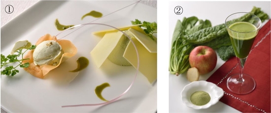 (1)長命草とフロマージュのムース、チュイールとアイスを添えて (2)コールドプレスジュース
