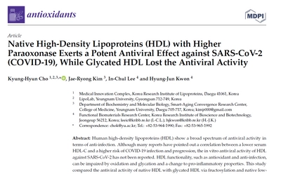 『健康で質が高いHDLは新型コロナウイルスに対して 強力な抗ウイルス効果を発揮』　 研究論文がジャーナル「Antioxidantsオンライン版」に掲載