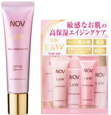 (写真左から) ノブ L&W デイエッセンス UV、ノブ L&W トライアルセット〔全品医薬部外品*2〕