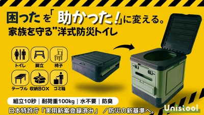 緊急時の困ったトイレ問題を“助かった”に変える。 1台6役ポータブルトイレ「UNISTOOL」 Makuakeにて1月25日(日)より先行販売開始！