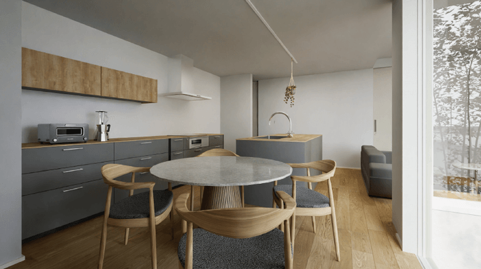 家族の距離が近づく、二型キッチン×円形テーブル