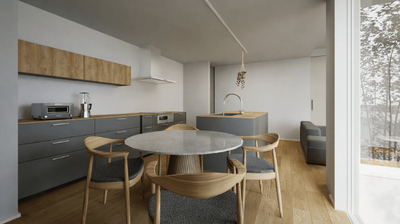 家族の距離が近づく、二型キッチン×円形テーブル