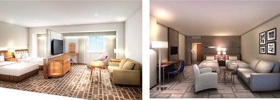 【左】（1）“Luxury N.Y”がテーマのデラックスツイン（イメージ）　【右】（2）“Stylish Modern N.Y”がテーマのツインルーム（イメージ）