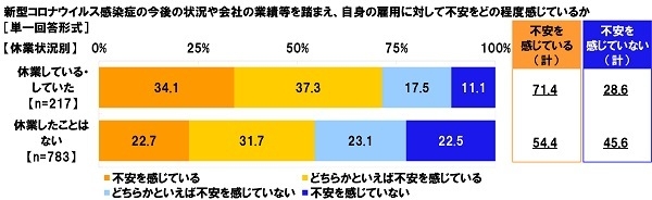 新型コロナウイルス感染症の今後の状況や会社の業績等を踏まえ、自身の雇用に対して不安をどの程度感じているか【休業状況別】