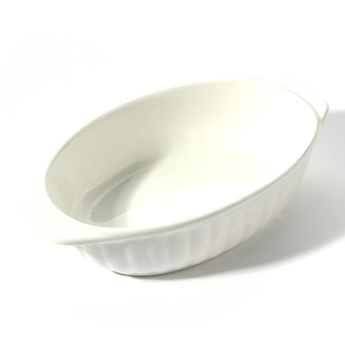 「白食器 オーバルグラタン皿」価格：429円⇒343円／サイズ：W18.7×D11.2×H4.3cm、満水容量300ml／電子レンジ・オーブン可／耐熱温度200℃