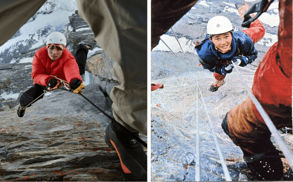 アイガー北壁:マムートアスリート小林由佳が再現した2025年(左)と、1969年に今井美智子がディレティッシマルートで登攀した際のオリジナル画像(右) – (写真クレジット左:マムートスポーツグループ、右:加藤武夫コレクション - All Rights Reserved)