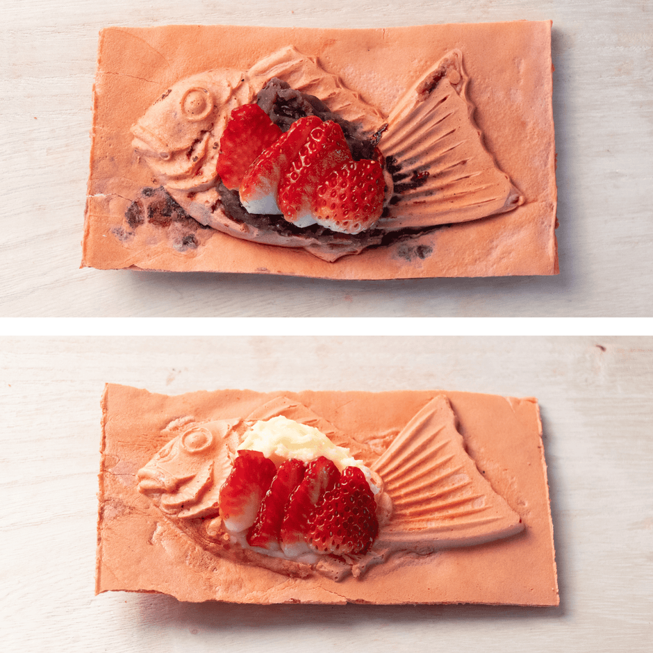 (上から)キンメたい焼き〈つぶあん／いちご〉〈クリーム／いちご〉