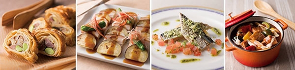  （左から）鶏肉と砂ずりのコンフィじゃがいもと茸のパイ包み焼き（土日祝ディナー限定）、豚バラ肉とさつまいも、長芋の重ね焼き、秋刀魚の香草パン粉焼きバルサミコの香りのフレッシュトマトソース、豚ロースのデミグラスソース煮込みポルチーニの香り