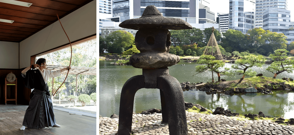 左：弓道の見学会（昨年度開催の様子）　　右：園内風景（11月下旬の様子）