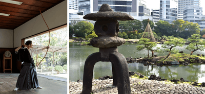 左:弓道の見学会(昨年度開催の様子) 右:園内風景(11月下旬の様子)