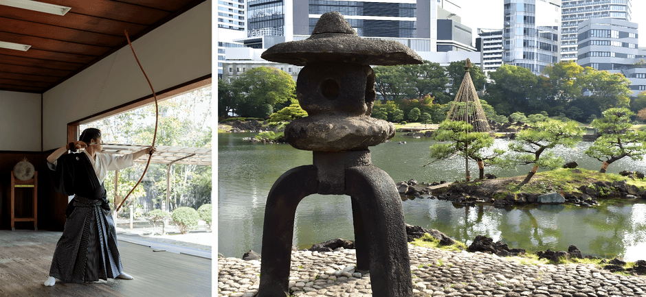 左:弓道の見学会(昨年度開催の様子) 右:園内風景(11月下旬の様子)