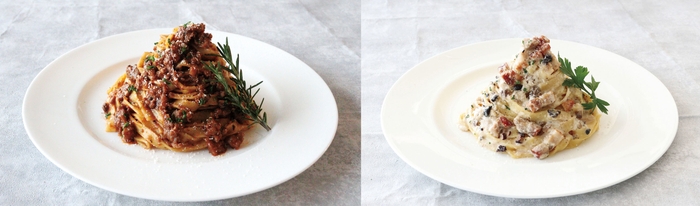 (左)サルシッチャとポルチーニのラグーソース(右)3種のきのことベーコンのクリームソース ※写真は調理例です。