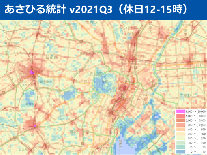 休日昼間の東京都心部の人口分布