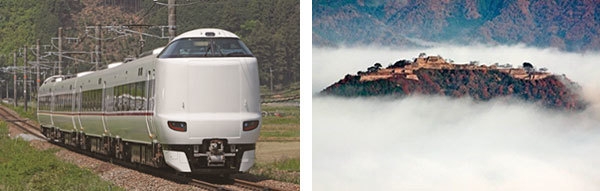 左から)JR列車287系「こうのとり27号」、雲海に浮かぶ竹田城跡(立雲峡撮影)