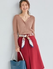 Vネックリブカーディガン/スカーフ付きスカート