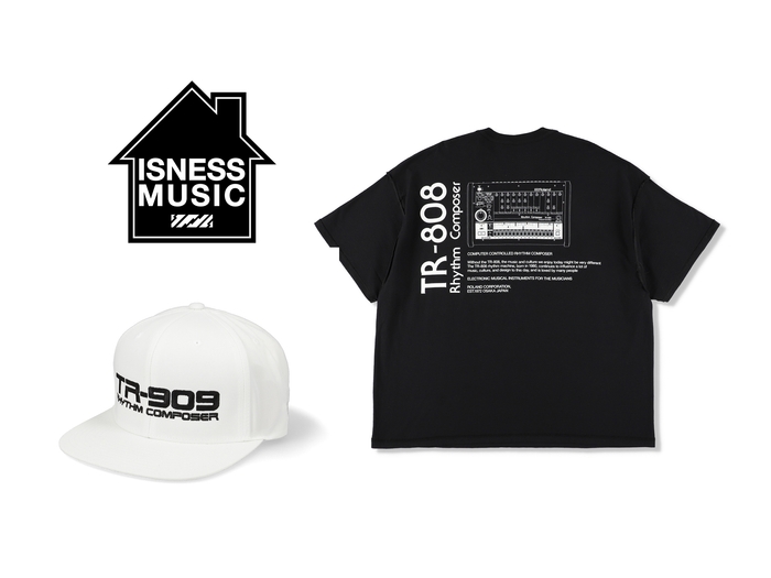 ISNESS MUSICのブランド・ロゴと、Roland Store Tokyoで販売するアパレル・コレクションの一例