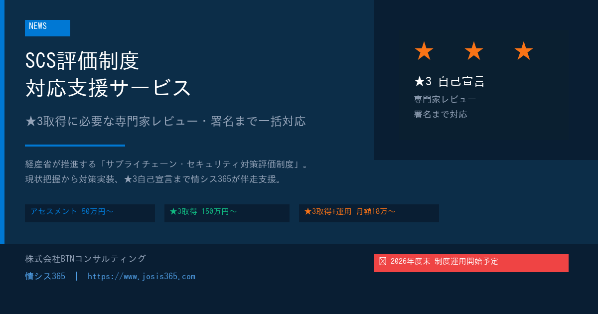 【中小企業のSCS評価制度対応を支援】情シス365、「SCS評価制度 対応支援サービス」の特設ページを公開― ★3取得に必要な専門家レビュー・署名まで一括対応 ―