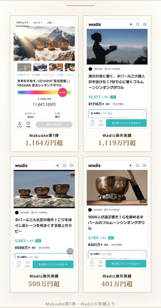 Makuake第1弾とWadiz 3プロジェクトの支援実績画像