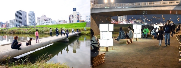 令和6年（2024年）に行われた「遠賀川水辺ピクニック」（左）と「遠賀川ナイトリバー」（右）の様子