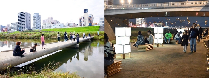 令和6年(2024年)に行われた「遠賀川水辺ピクニック」(左)と「遠賀川ナイトリバー」(右)の様子