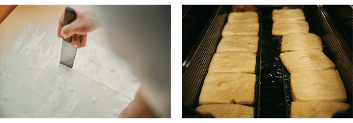 左：つくりたての「型箱豆腐」、右：揚げたての油揚げ