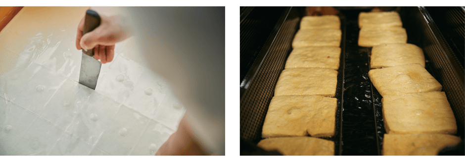 左:つくりたての「型箱豆腐」、右:揚げたての油揚げ