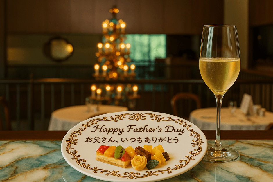 ▲父の日プランで乾杯のシャンパーニュとお祝いのメッセージプレートをプレゼント　※画像はイメージです