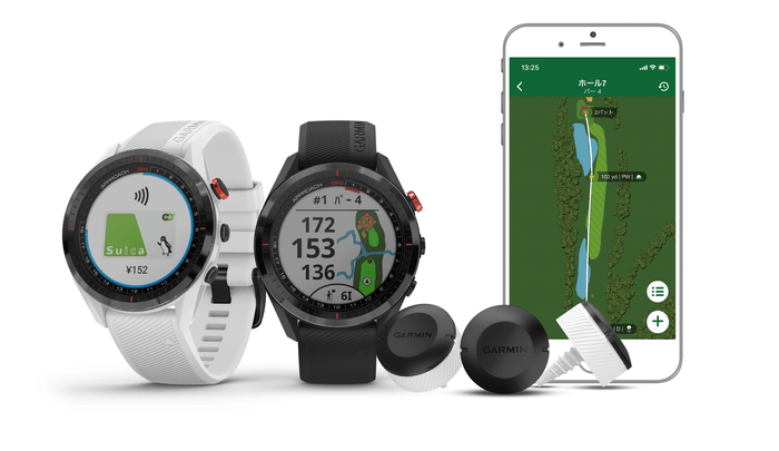 Approach S62 white / black、CT10(3個セット)、Garmin Golfアプリ(白:Suica画面ハザードビュー、黒:バーチャルキャディーの各機能画面)
