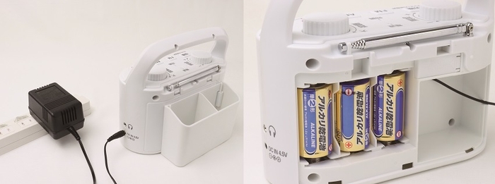 〔左:コンセントからの電源供給/右:単2形アルカリ乾電池からの電源供給〕