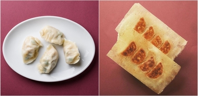 オーダーが入ってから皮を伸ばして作る、作りたての餃子(左:水餃子、右:焼き餃子)