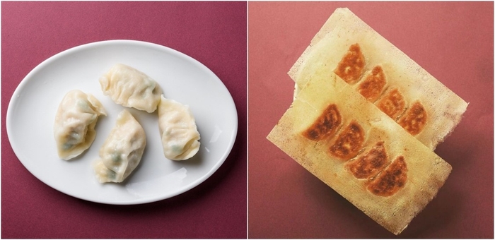 オーダーが入ってから皮を伸ばして作る、作りたての餃子(左:水餃子、右:焼き餃子)