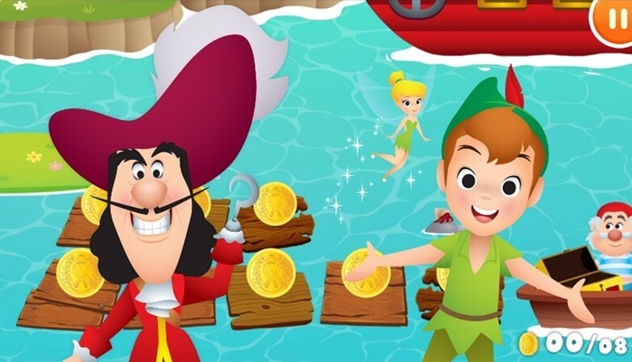 『ピーター・パン』のフック船長を題材としたなぞり書きパズル「コインはぜんぶおれのもの!」