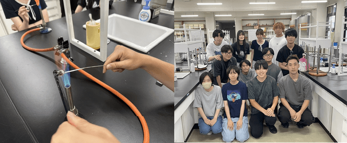 ガラス細工の様子（左）、環境ボランティア部と生物環境化学研究会のメンバー（右）