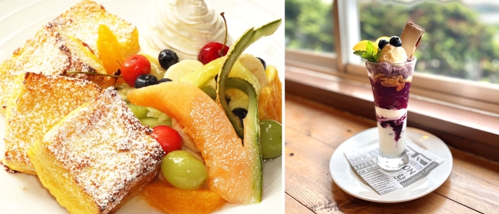(左)フルーツの彩りが映えるフレンチトースト (右)ブルーベリーと赤紫蘇の農家パフェは夏季限定!