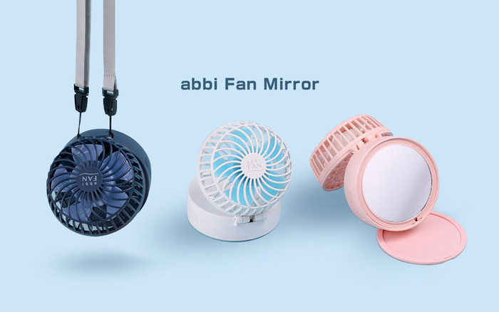 背面ミラー付きで卓上・手持ち・首かけの兼用ができる「abbi Fan Mirror」